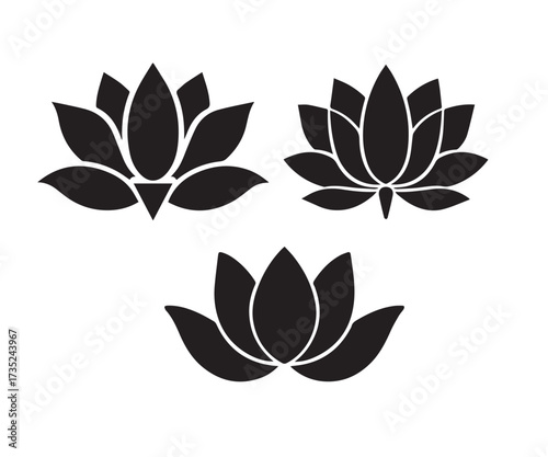 Three stylized black lotus flower silhouettes arranged in a triangular formation on a white background