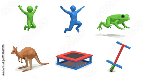 Various objects including people jumping, frog, kangaroo, and trampoline