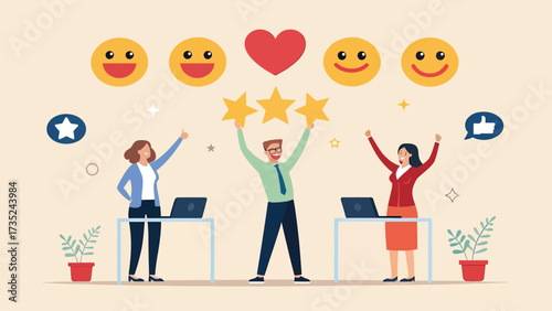 Business people celebrating positive feedback and customer satisfaction
