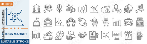 Stock Market icon set. Financial goal, shares, investment, bull market, bear market, investment, and more. editable stroke. Vector illustration eps 10