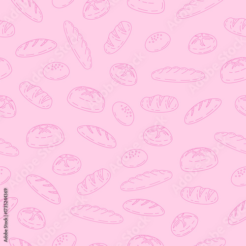 Bread seamless pattern background. Hand drawn bread motif wallpaper. Bakery, bake shop backdrop or food wrapper