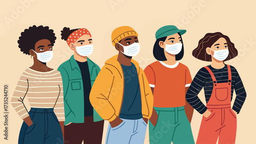 Group of young people wearing face masks for health protection
