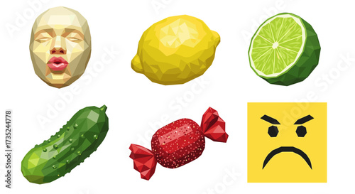 Geometric face lemon lime cucumber candy and angry face on a white background