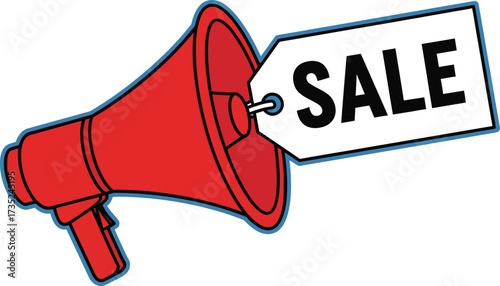 Bright red megaphone announces a big sale with a tag