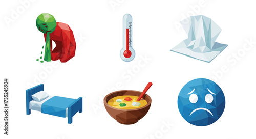 Illustrative depiction of sickness symptoms and comfort items in low poly