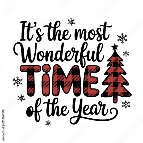 Illustration of its the most wonderful time of the year text with buffalo plaid christmas tree and snowflakes