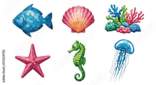 Illustration of various sea creatures including fish and jellyfish