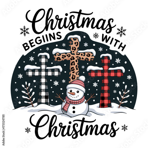 Illustration of christmas begins with christmas text with snowman and crosses