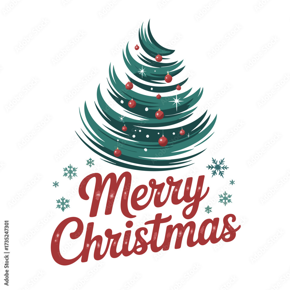 Naklejka premium Illustration of stylized christmas tree with ornaments and snowflakes, merry christmas text