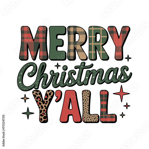 Illustration of merry christmas yall text with plaid and leopard print