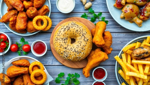 Delicious variety of fried foods and bagel on wooden table