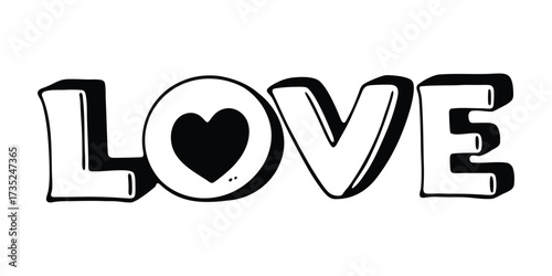 Hand drawn word love with a heart inside the letter o, 3d effect, black and white