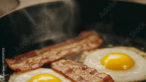 Delicious Breakfast of Fried Eggs and Crispy Bacon Cooking in a Pan.