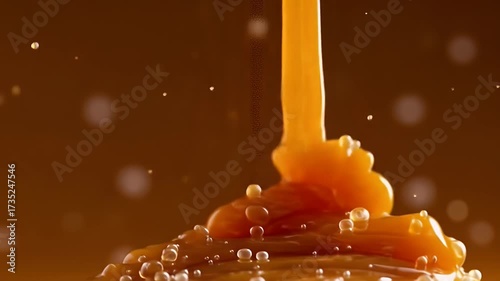 Delicious Caramel Sauce Pouring and Splashing Macro Shot.