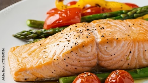 Delicious Baked Salmon Fillet with Roasted Asparagus and Cherry Tomatoes.