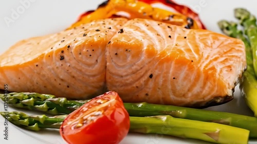 Delicious Baked Salmon Fillet with Roasted Vegetables Close Up.