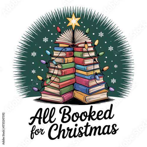 Illustration of christmas tree made of books decorated with lights and star, with all booked for christmas text