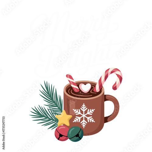Illustration of hot chocolate mug with candy canes and pine branch