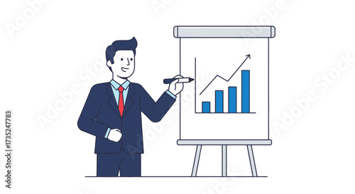 Animated Businessman Presenting Sales Growth Chart on a Flip Chart, Ideal for Business Presentations and Financial Analysis Illustrations