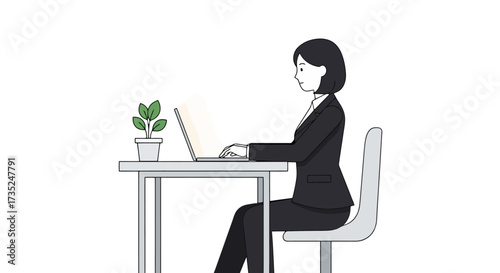 Minimalist Illustration of a Woman Working on a Laptop in a Clean Office Space, Ideal for Business Presentations and Corporate Website Design