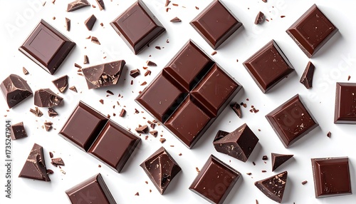 Dark Chocolate Squares Scattered on White Background with Crumbs
