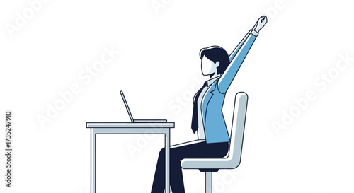 Office worker stretching at her desk to improve posture and relieve stress, suitable for ergonomics, healthcare, or promoting wellness in the workplace.