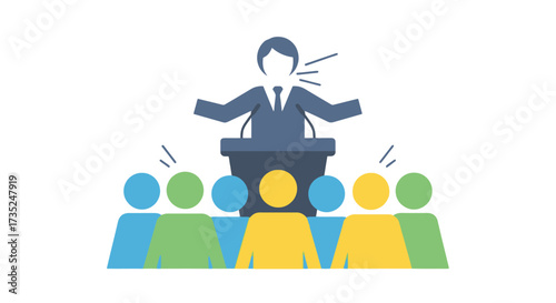 Stylized Illustration of a Public Speaker Addressing an Audience, Ideal for Demonstrating Leadership, Communication Skills, and Public Speaking Events.