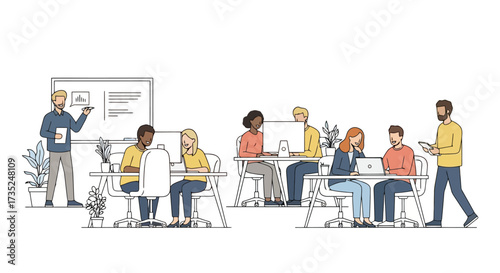 Diverse Team Collaboration in a Modern Office Space, Ideal for Illustrating Workplace Dynamics and Teamwork in Corporate Presentations and Training Materials