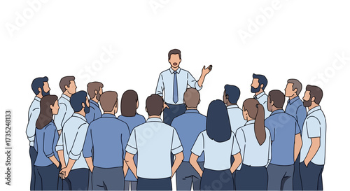 Dynamic Presentation Illustration Featuring a Speaker Addressing an Audience, Suitable for Business Training, and Corporate Event Marketing Materials