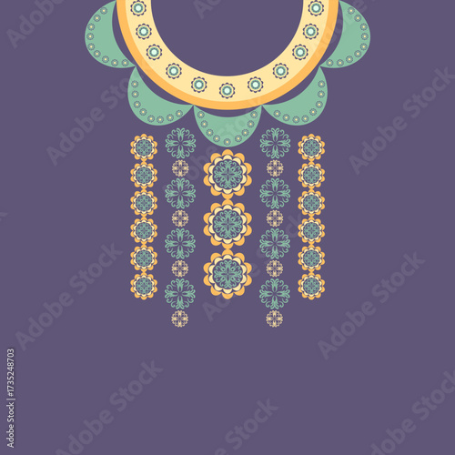 Necklace with ethnic ornament. Boho style. Vector illustration. Collar design for a shirt or blouse pattern. Textiles. Neckline design.
