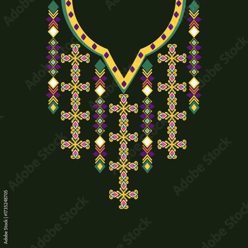 Yellow, green, and red ethnic boho ornament necklace. Embroidery on fabric. Neckline border design. Ideas for collar, shirt, or blouse neckline patterns. 