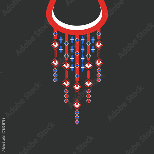 Necklace with a pattern of precious stones. Vector illustration. Blue, red, and white necklace design pattern. Collar design for shirt or blouse pattern. Textiles. 