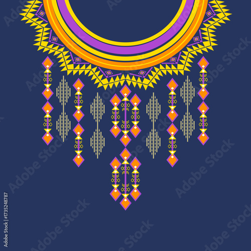 Purple and yellow ethnic boho ornament neckline design pattern. Boho shirt style. Vector illustration. Vector necklace pattern. Shirt or blouse design border. Collar design.