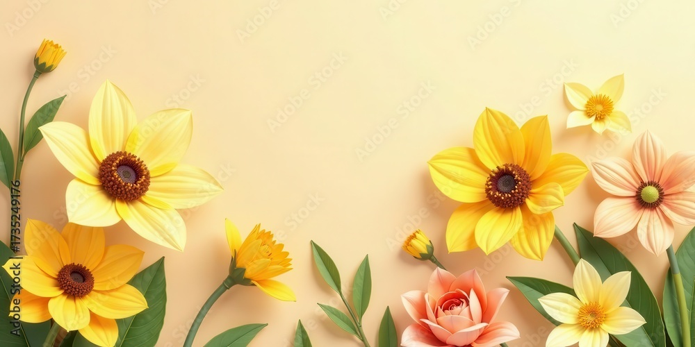 Obraz premium A vibrant arrangement of handcrafted paper flowers in sunny hues, featuring a delicate peach rose and cheerful yellow blossoms, creates a beautiful springtime scene on a pale background.