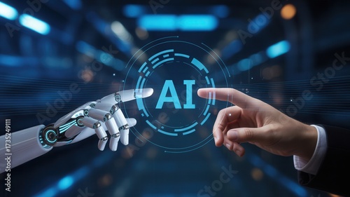Human and robot hands reaching to touch 'AI' glowing interface, symbolizing future collaboration and technological advancement