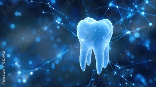 A digital dental technology design featuring a wireframe of a tooth with medical icons on a dark blue background. It symbolizes a dental clinic and hospital.	