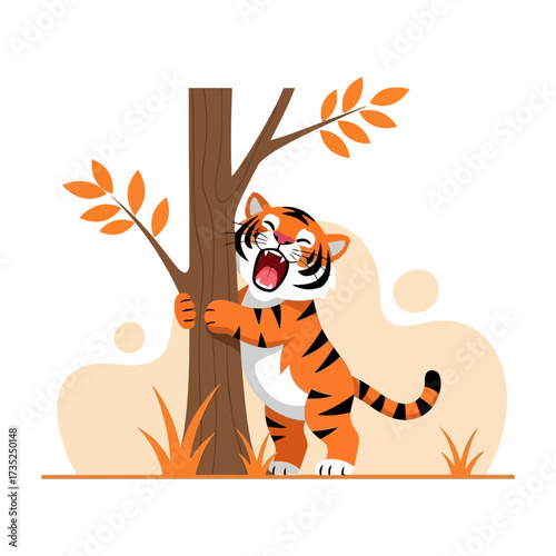 Cartoon Tiger Cub Hugging a Tree with Autumnal Foliage Yawning Widely.