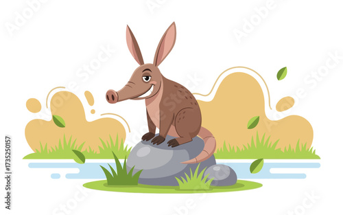 Smiling Aardvark Perched on a Rock with Long Ears and Tail.