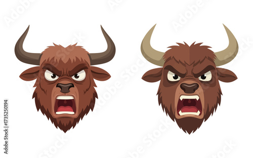 Two Cartoon Bison Heads with Open Mouths and Angry Expressions.
