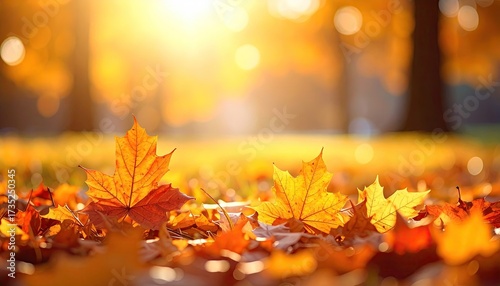 Sunlit Autumn Maple Leaves on Ground with Golden Hues and Bokeh Background in Warm Light
