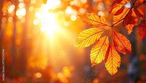 Sunlit Autumn Leaves with Bokeh in a Forest Landscape with Golden Light Filtering Through Trees and Orange Foliage Creating a Warm and Vibrant Atmosphere