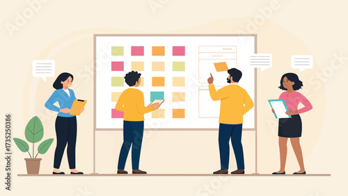Business team planning project with sticky notes on board
