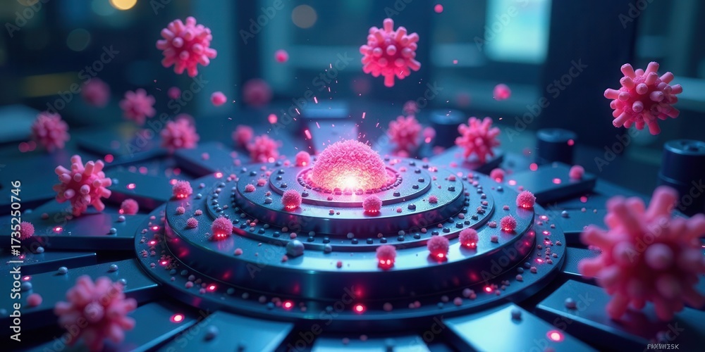 Fototapeta premium Microscopic Entities Interact on a Futuristic Circular Platform, Illuminated with Vibrant Pink and Blue Hues