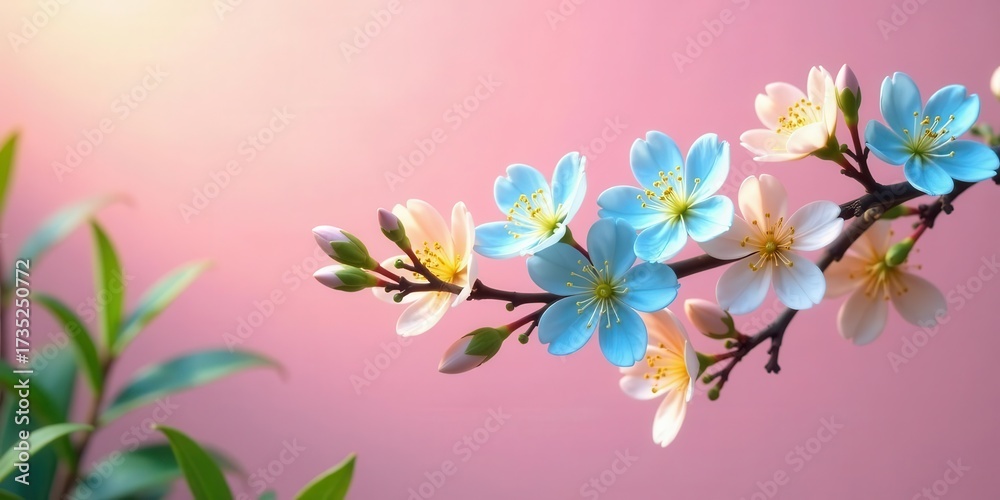 Naklejka premium Delicate pastel blossoms on a branch, showcasing a soft pink background and subtle lighting effects