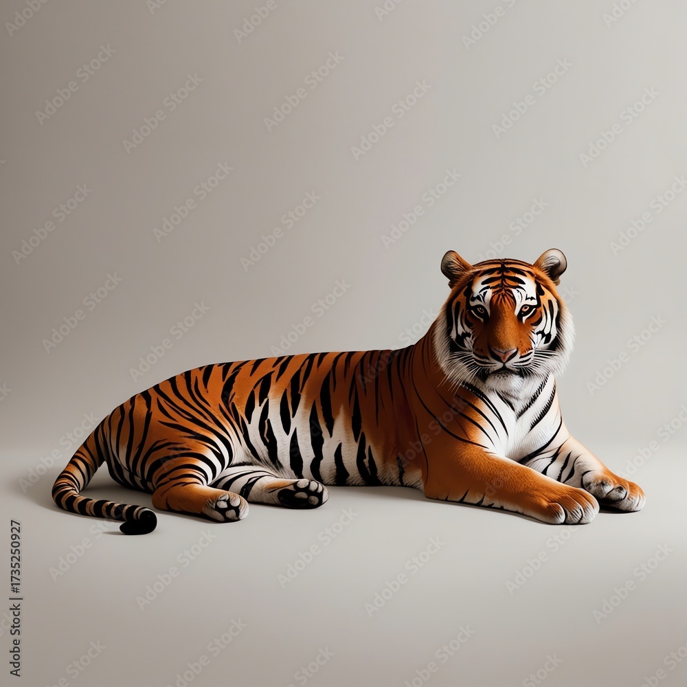 Fototapeta premium High-quality 4K wallpaper of a graceful tiger lounging calmly with striking orange and black stripes, set against a soft gray minimalist background with elegant details. 