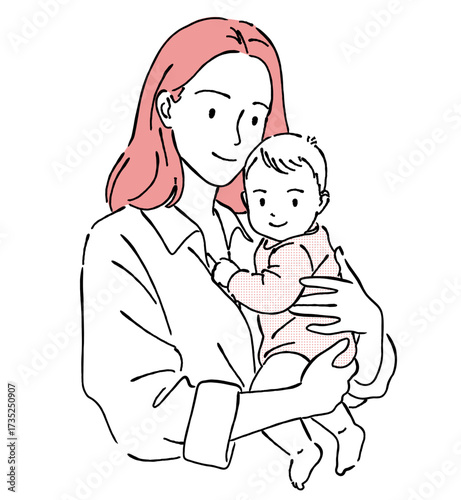 優しい母親と赤ちゃんの線画イラスト,育児,子育て,親子の愛情