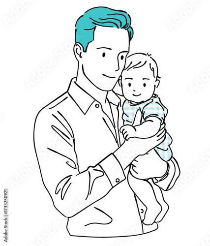 優しい父親と赤ちゃんの線画イラスト,育児,子育て,親子の愛情