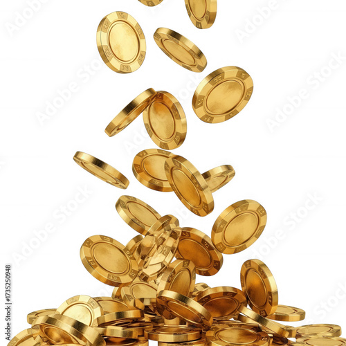 Golden casino chips falling isolated on a transparent background