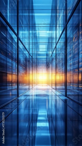 Blue Glass Corridor with Sunset Light: Modern Server Room Interior