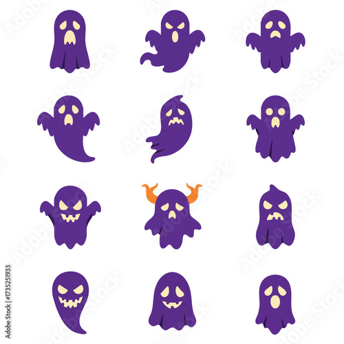 Eleven purple cartoon ghosts one with orange horns on a white background